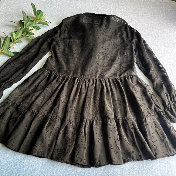 Women’s Black Sheer Embroidered Mini Dress Ruffle Hem Long Sleeve Button Up - Picture 11 of 15